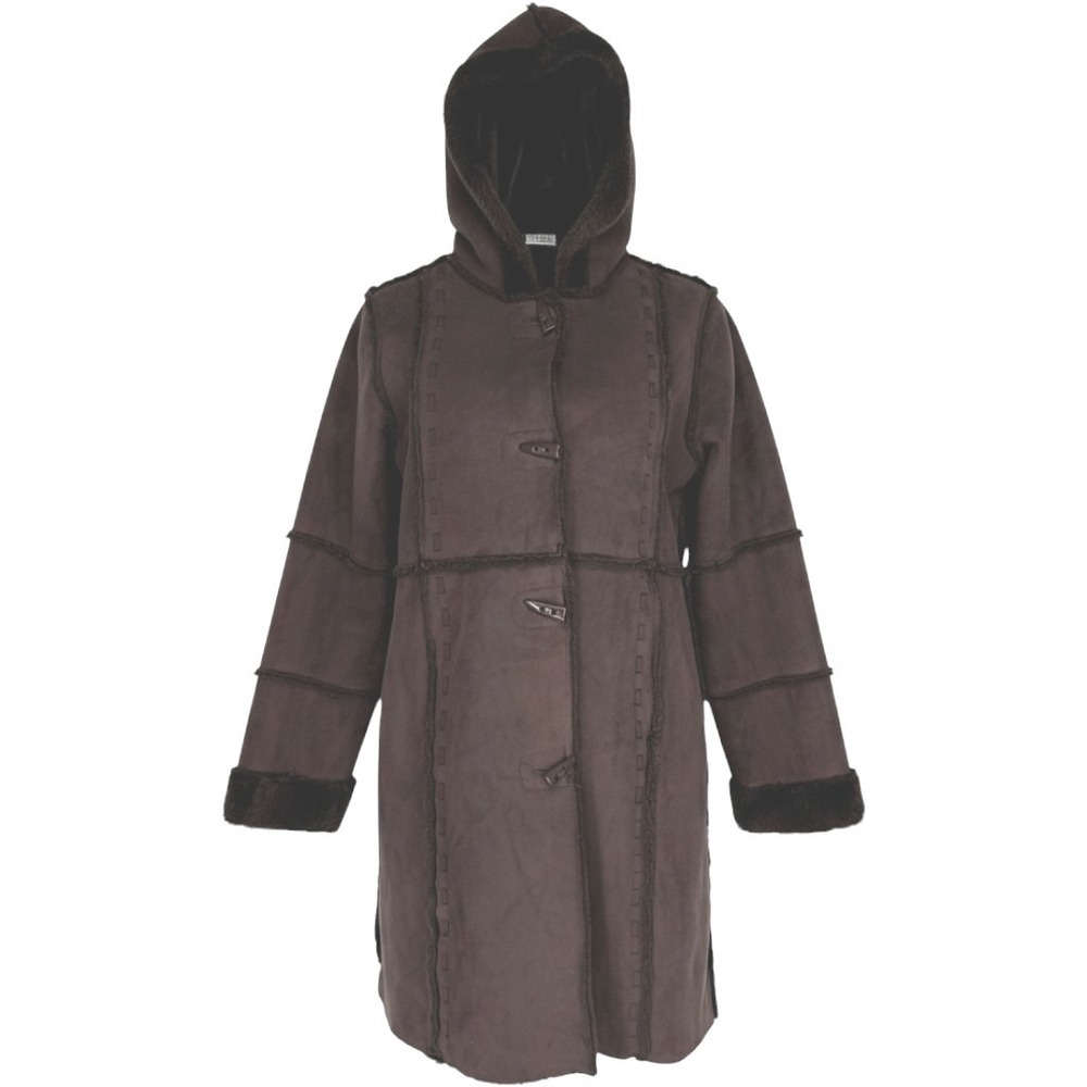 Vintage‎ Womens Brown Faux Suede Shearling Hooded Toggle Coat Jacket Boho LargeW